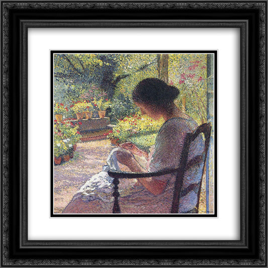 A Woman Sewing 20x20 Black Ornate Wood Framed Art Print Poster with Double Matting by Martin, Henri