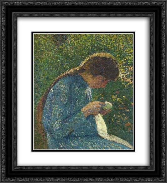 A Young Woman Sewing 20x22 Black Ornate Wood Framed Art Print Poster with Double Matting by Martin, Henri