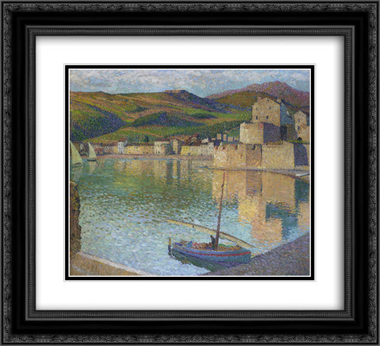 Blue Boat in Port Collioure 22x20 Black Ornate Wood Framed Art Print Poster with Double Matting by Martin, Henri