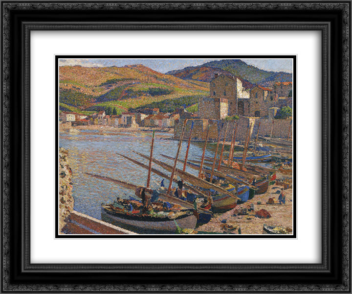 Boats at Collioure 24x20 Black Ornate Wood Framed Art Print Poster with Double Matting by Martin, Henri