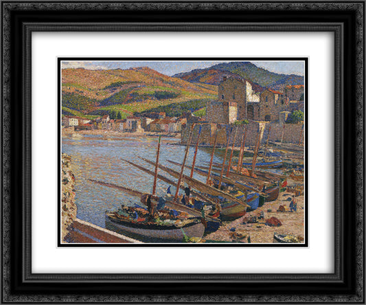Boats at Collioure 24x20 Black Ornate Wood Framed Art Print Poster with Double Matting by Martin, Henri