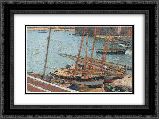 Boats in Port Collioure 24x18 Black Ornate Wood Framed Art Print Poster with Double Matting by Martin, Henri