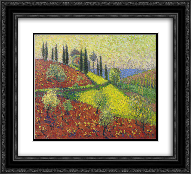 Cyprus Trees on the Hill 22x20 Black Ornate Wood Framed Art Print Poster with Double Matting by Martin, Henri