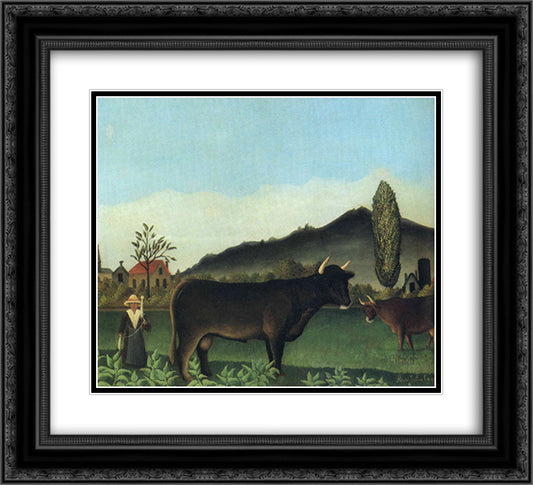 (Landscape with cow) 22x20 Black Ornate Wood Framed Art Print Poster with Double Matting by Rousseau, Henri