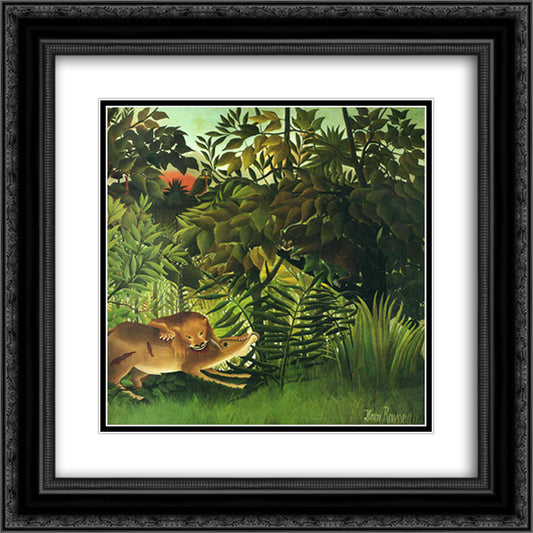 A Lion Devouring its Prey 20x20 Black Ornate Wood Framed Art Print Poster with Double Matting by Rousseau, Henri