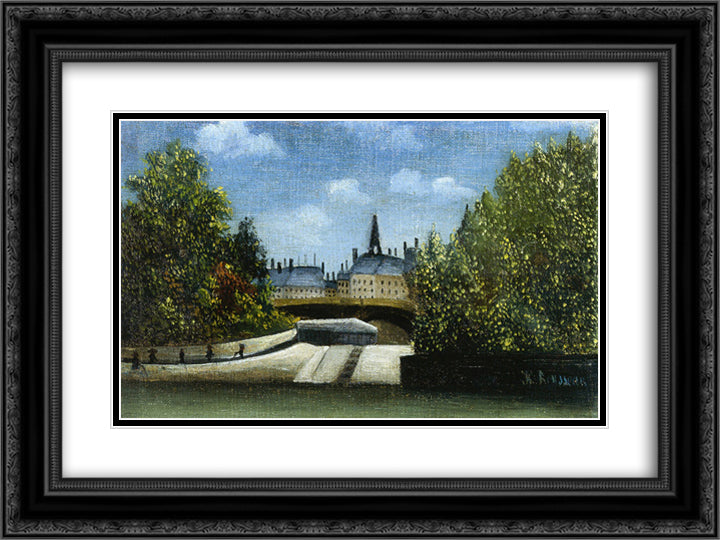 Ile de la Cite 24x18 Black Ornate Wood Framed Art Print Poster with Double Matting by Rousseau, Henri