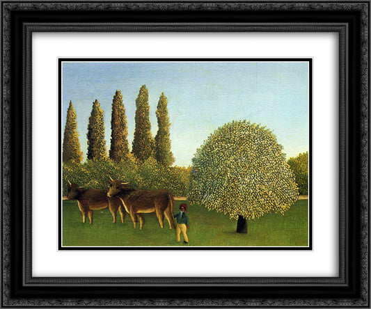 In the Fields 24x20 Black Ornate Wood Framed Art Print Poster with Double Matting by Rousseau, Henri