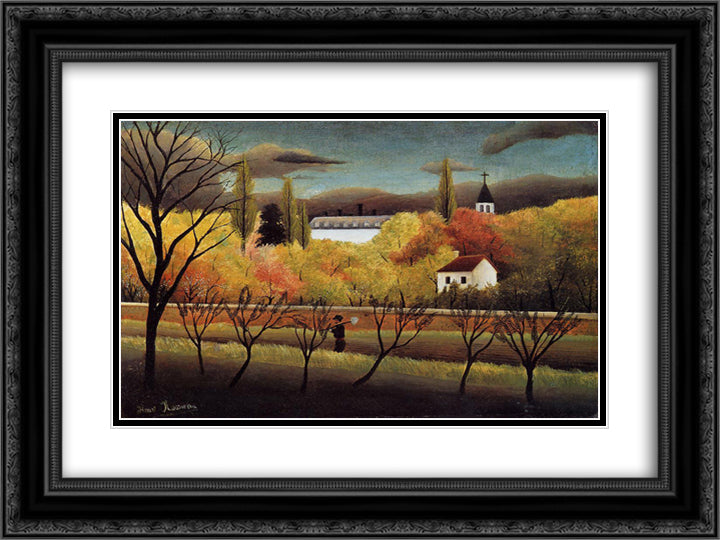 Landscape with Farmer 24x18 Black Ornate Wood Framed Art Print Poster with Double Matting by Rousseau, Henri