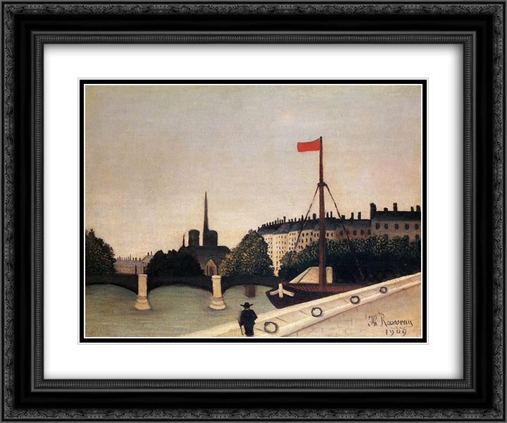 Notre Dame View of the Ile Saint Louis from the Quai Henri IV 24x20 Black Ornate Wood Framed Art Print Poster with Double Matting by Rousseau, Henri