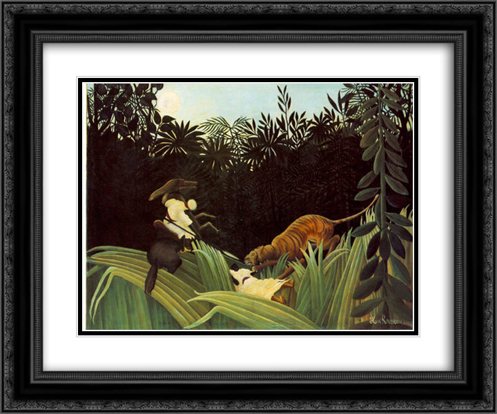 Scout Attacked by a Tiger 24x20 Black Ornate Wood Framed Art Print Poster with Double Matting by Rousseau, Henri