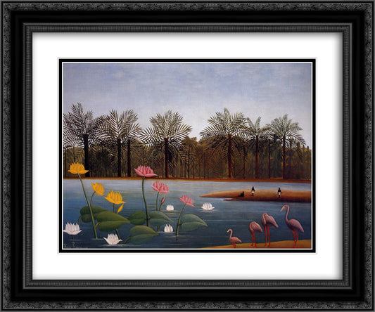 The Flamingoes 24x20 Black Ornate Wood Framed Art Print Poster with Double Matting by Rousseau, Henri