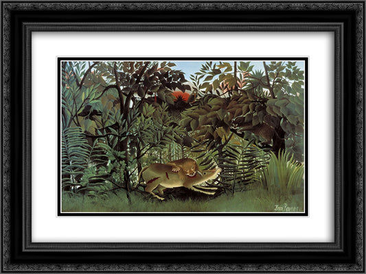 The Hungry Lion Throws Itself on the Antelope 24x18 Black Ornate Wood Framed Art Print Poster with Double Matting by Rousseau, Henri