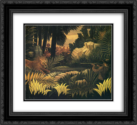 The Lion Hunter 22x20 Black Ornate Wood Framed Art Print Poster with Double Matting by Rousseau, Henri