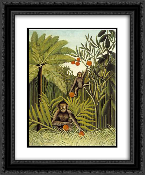 The Monkeys in the Jungle 20x24 Black Ornate Wood Framed Art Print Poster with Double Matting by Rousseau, Henri