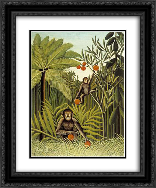 The Monkeys in the Jungle 20x24 Black Ornate Wood Framed Art Print Poster with Double Matting by Rousseau, Henri