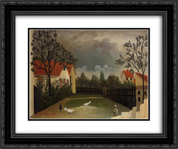 The Poultry Yard 24x20 Black Ornate Wood Framed Art Print Poster with Double Matting by Rousseau, Henri