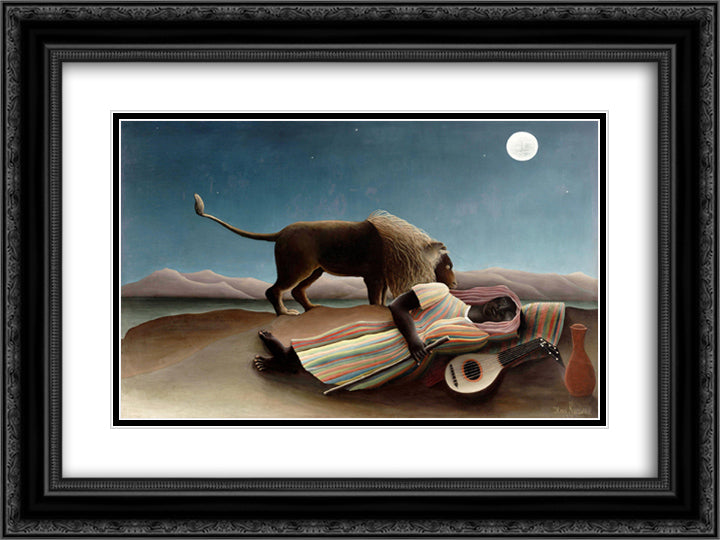 The Sleeping Gypsy 24x18 Black Ornate Wood Framed Art Print Poster with Double Matting by Rousseau, Henri