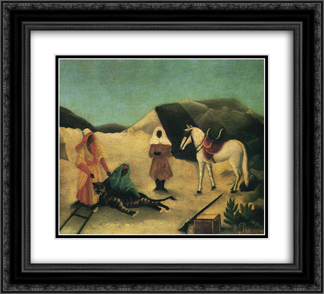 The Tiger Hunt 22x20 Black Ornate Wood Framed Art Print Poster with Double Matting by Rousseau, Henri