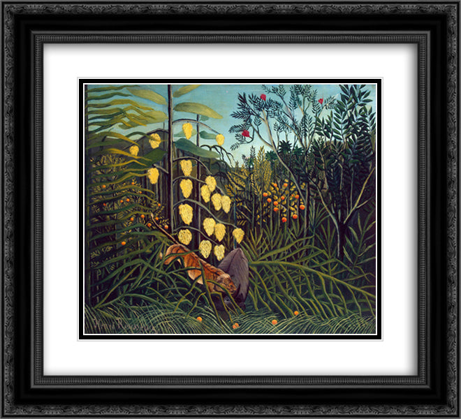 Tropical Forest Battling Tiger and Buffalo 22x20 Black Ornate Wood Framed Art Print Poster with Double Matting by Rousseau, Henri