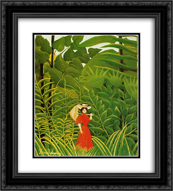 Woman in Red in the Forest 20x22 Black Ornate Wood Framed Art Print Poster with Double Matting by Rousseau, Henri