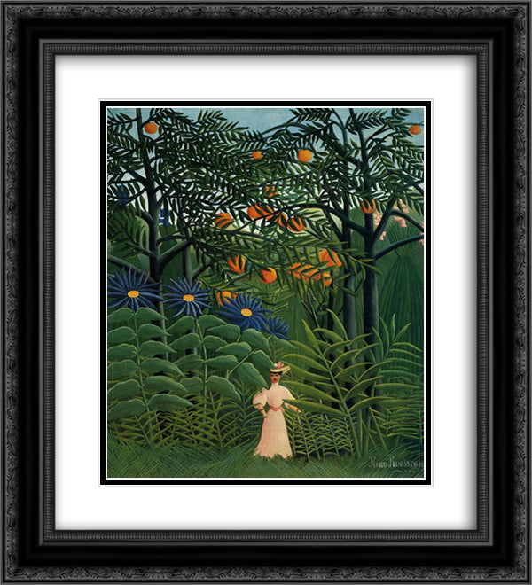 Woman Walking in an Exotic Forest 20x22 Black Ornate Wood Framed Art Print Poster with Double Matting by Rousseau, Henri
