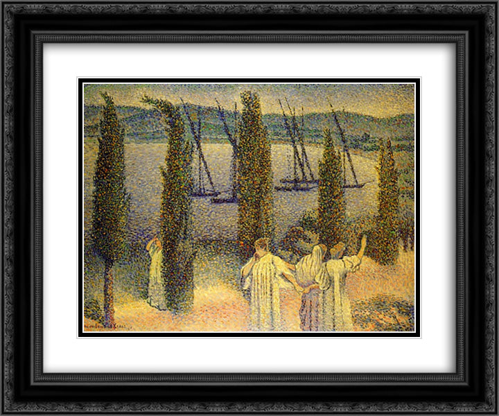 Coastal View with Cypress Trees 24x20 Black Ornate Wood Framed Art Print Poster with Double Matting by Cross, Henri Edmond