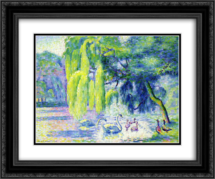 Family of Swans 24x20 Black Ornate Wood Framed Art Print Poster with Double Matting by Cross, Henri Edmond