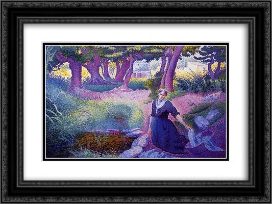 The Washerwoman 24x18 Black Ornate Wood Framed Art Print Poster with Double Matting by Cross, Henri Edmond