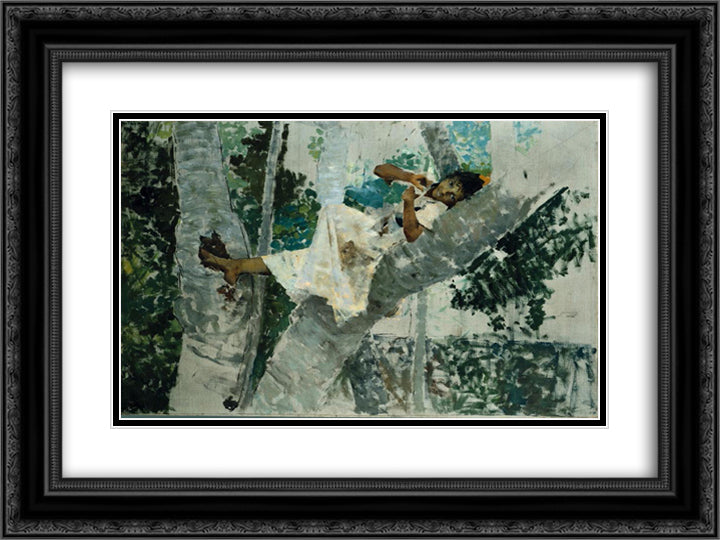 Rapariga deitada no tronco de uma arvore 24x18 Black Ornate Wood Framed Art Print Poster with Double Matting by Pousao, Henrique