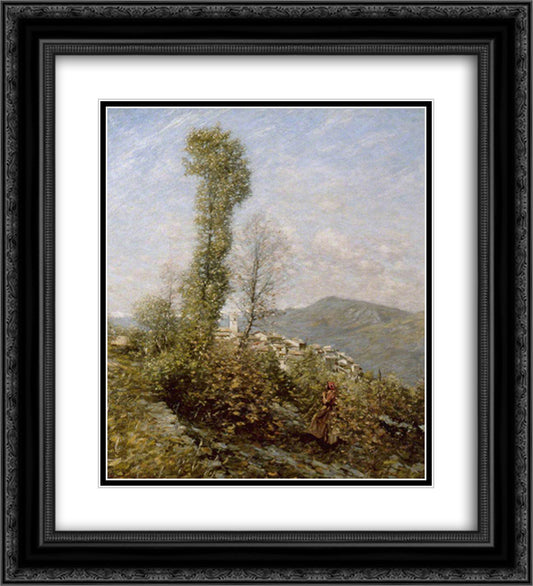 A Hillside Village in Provence, France 20x22 Black Ornate Wood Framed Art Print Poster with Double Matting by La Thangue, Henry Herbert