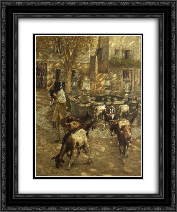 Goats at a Fountain 20x24 Black Ornate Wood Framed Art Print Poster with Double Matting by La Thangue, Henry Herbert