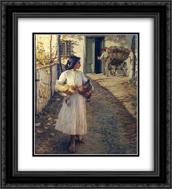 Selling Chickens in Liguria 20x22 Black Ornate Wood Framed Art Print Poster with Double Matting by La Thangue, Henry Herbert