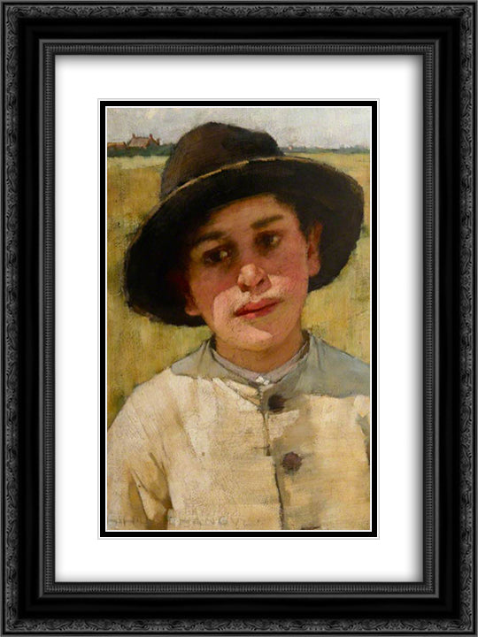 Study of a Boy in a Black Hat, before a Cornfield 18x24 Black Ornate Wood Framed Art Print Poster with Double Matting by La Thangue, Henry Herbert