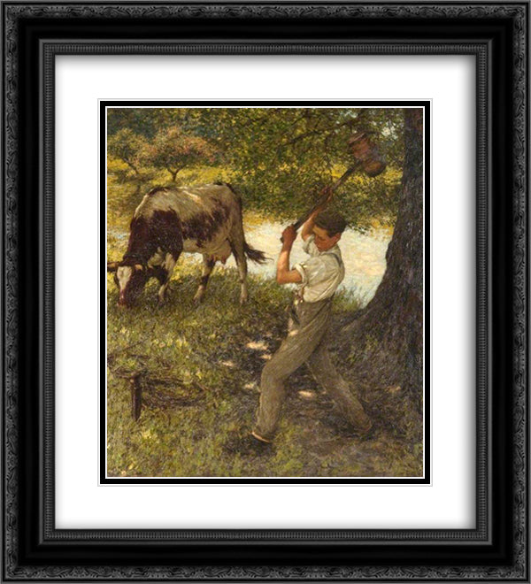Stumping the Cow 20x22 Black Ornate Wood Framed Art Print Poster with Double Matting by La Thangue, Henry Herbert