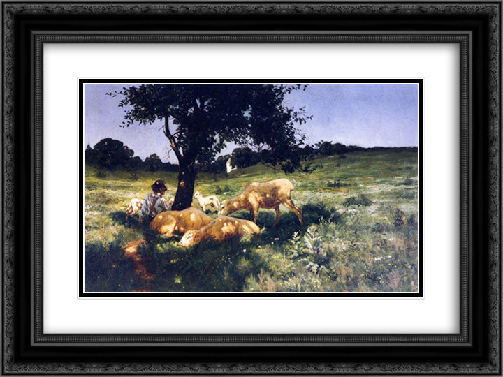 Boy and Sheep Lying under a Tree 24x18 Black Ornate Wood Framed Art Print Poster with Double Matting by Tanner, Henry Ossawa