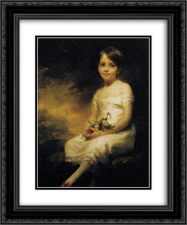 Little Girl Holding Flowers, Portrait of Nancy Graham 20x24 Black Ornate Wood Framed Art Print Poster with Double Matting by Raeburn, Henry