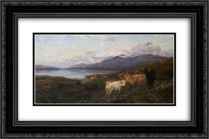 Cattle in a Highland Loch 24x16 Black Ornate Wood Framed Art Print Poster with Double Matting by Davis, Henry William Banks