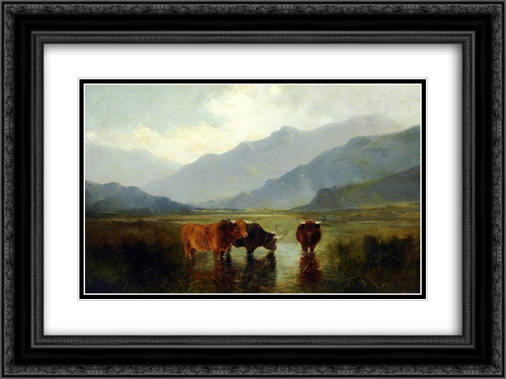 Landscape with Cattle 24x18 Black Ornate Wood Framed Art Print Poster with Double Matting by Davis, Henry William Banks