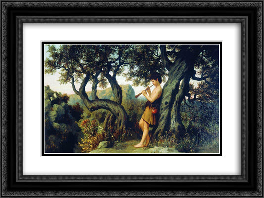 A Shepherd Playing Flute 24x18 Black Ornate Wood Framed Art Print Poster with Double Matting by Siemiradzki, Henryk