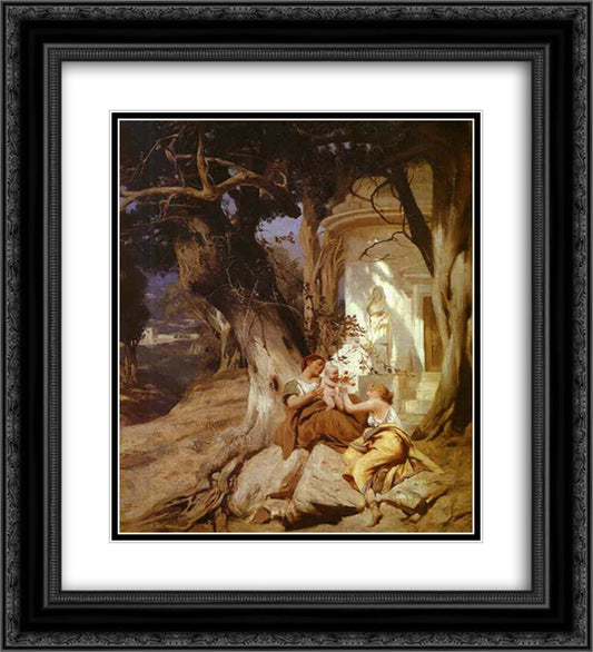 By a Temple (Idyll) 20x22 Black Ornate Wood Framed Art Print Poster with Double Matting by Siemiradzki, Henryk