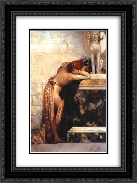 Two Figures by a Statue of Sphinx (study) 18x24 Black Ornate Wood Framed Art Print Poster with Double Matting by Siemiradzki, Henryk