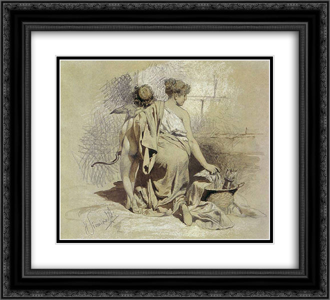 Woman with Amours 22x20 Black Ornate Wood Framed Art Print Poster with Double Matting by Siemiradzki, Henryk