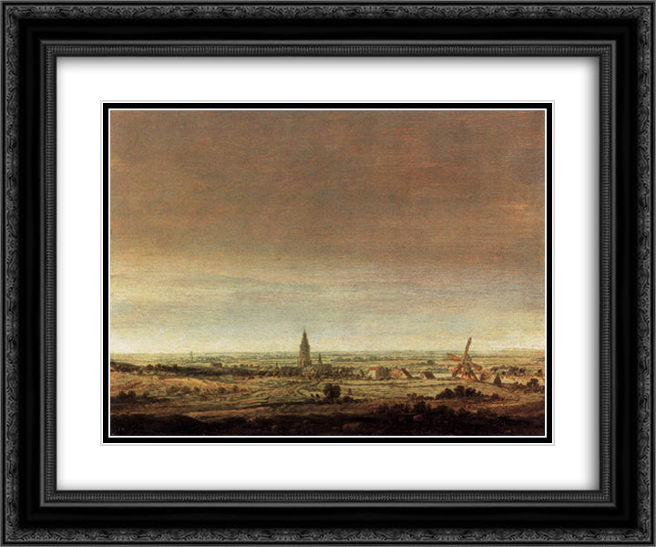 Landscape with City on a River 24x20 Black Ornate Wood Framed Art Print Poster with Double Matting by Seghers, Hercules
