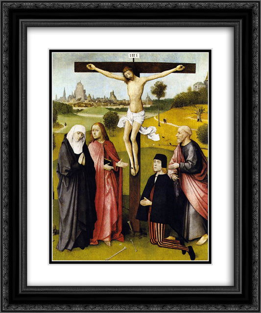 Crucifixion with a Donor 20x24 Black Ornate Wood Framed Art Print Poster with Double Matting by Bosch, Hieronymus