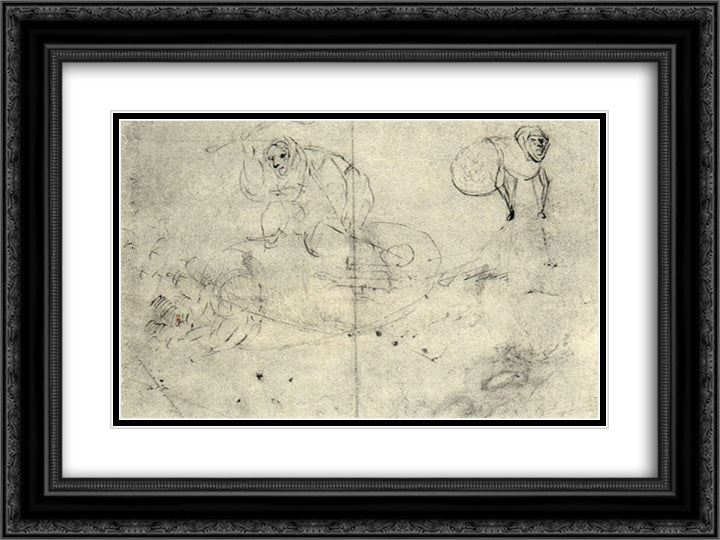 Figure in a beehive and a monsterb (A cursory sketch of two women) 24x18 Black Ornate Wood Framed Art Print Poster with Double Matting by Bosch, Hieronymus