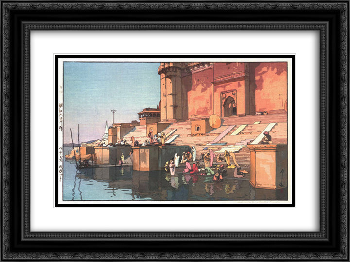 Ghat in Benares 24x18 Black Ornate Wood Framed Art Print Poster with Double Matting by Yoshida, Hiroshi
