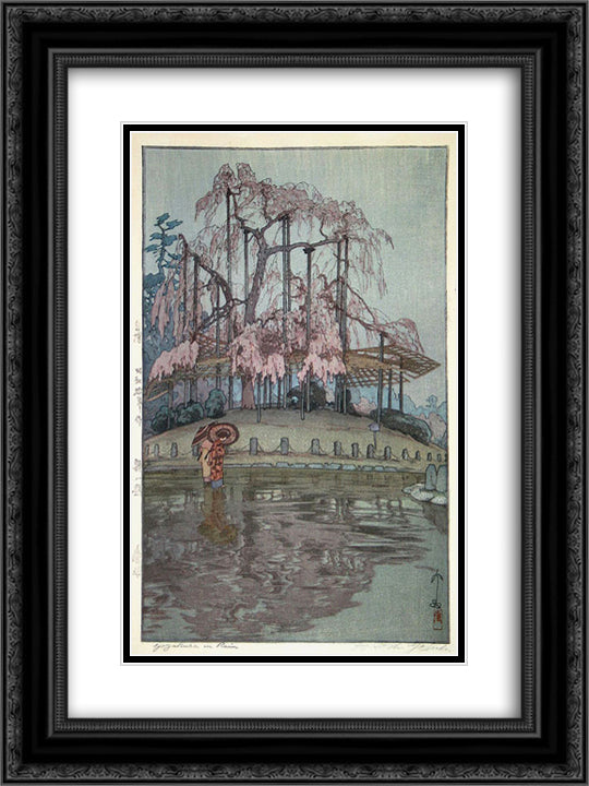 Yozakura in Rain 18x24 Black Ornate Wood Framed Art Print Poster with Double Matting by Yoshida, Hiroshi