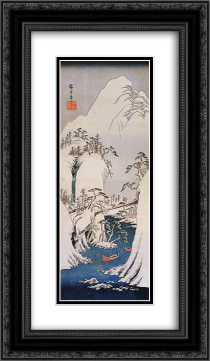 A snowy gorge 14x24 Black Ornate Wood Framed Art Print Poster with Double Matting by Hiroshige