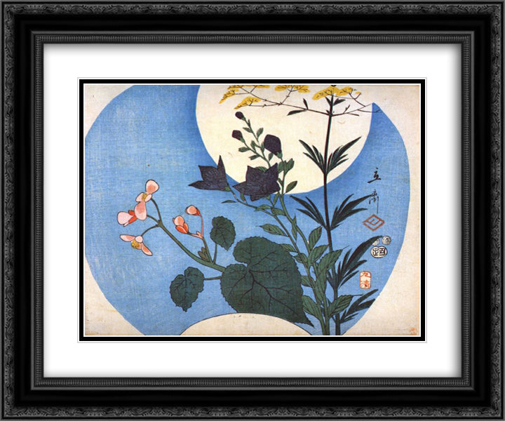 Autumn flowers in front of full moon 24x20 Black Ornate Wood Framed Art Print Poster with Double Matting by Hiroshige