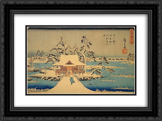 Benzaiten Shrine at Inokashira in Snow 24x18 Black Ornate Wood Framed Art Print Poster with Double Matting by Hiroshige